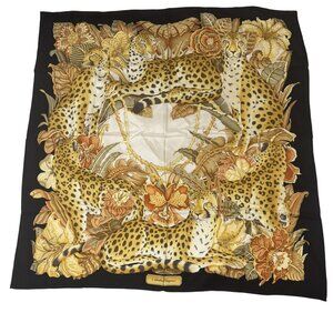 Vintage Salvatore Ferragamo Leopard Print Floral Silk Scarf 34” x 34” Black Gold